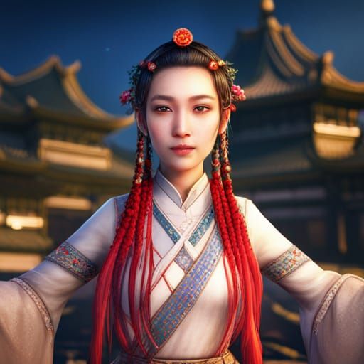 Smiling Chinese Princess in Palace Garden