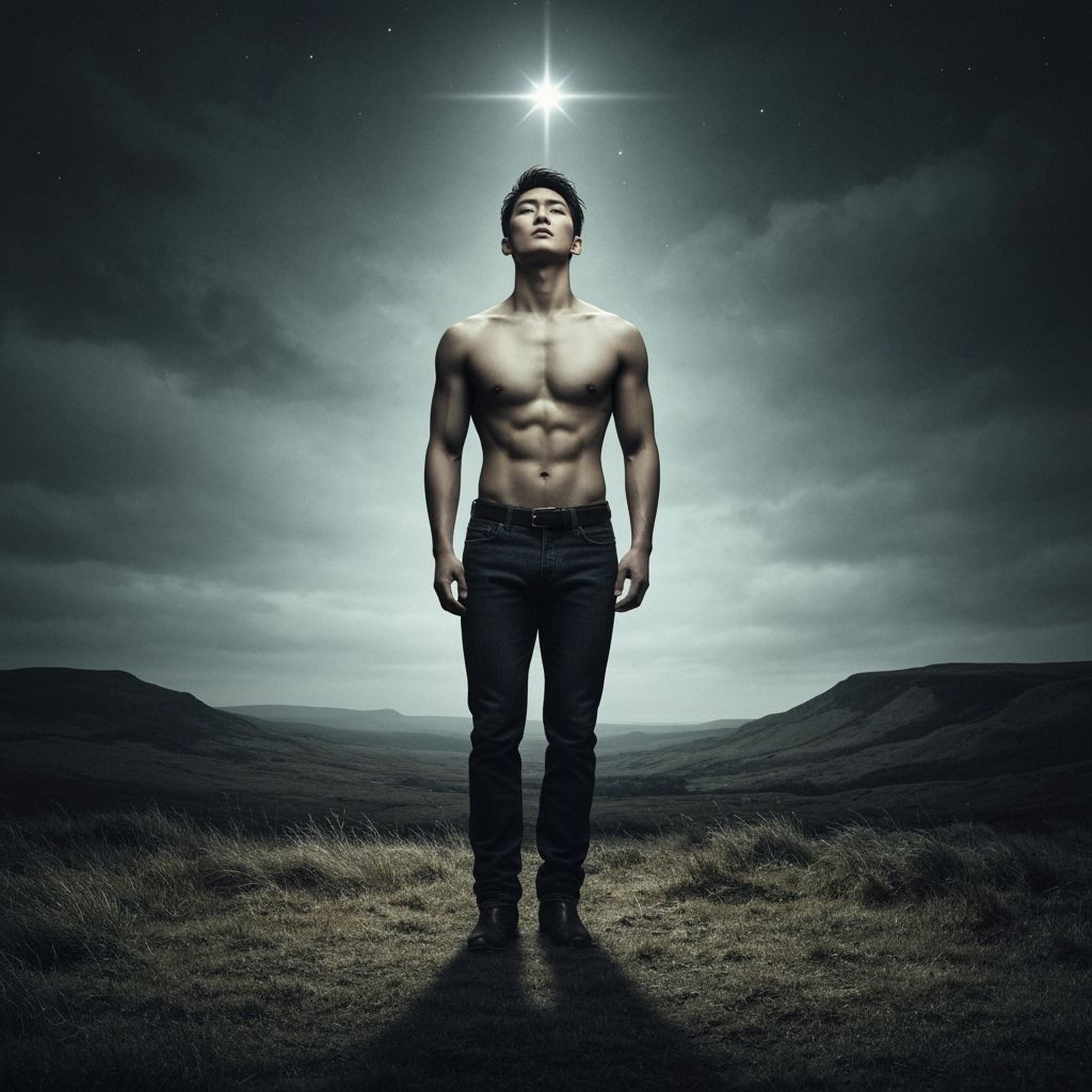 Man on Windswept Moors Under Starry Sky