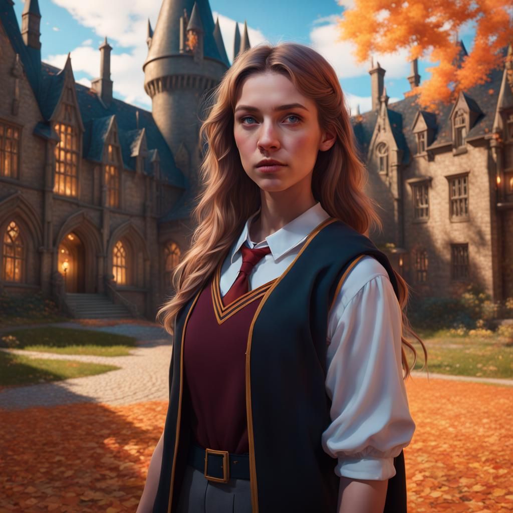 Magical Student Portrait in Hogwarts Yard, Detailed Art