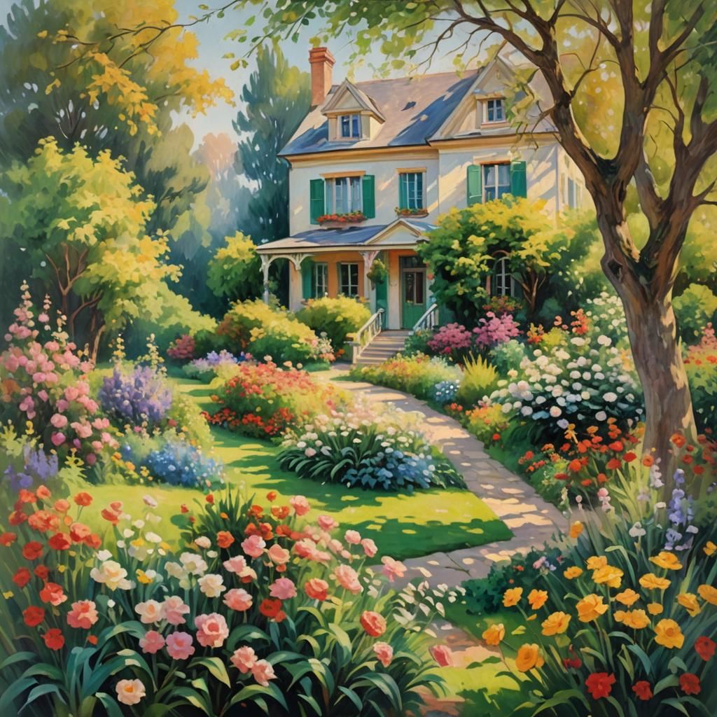 Impressionist House and Garden Landscape in Oil