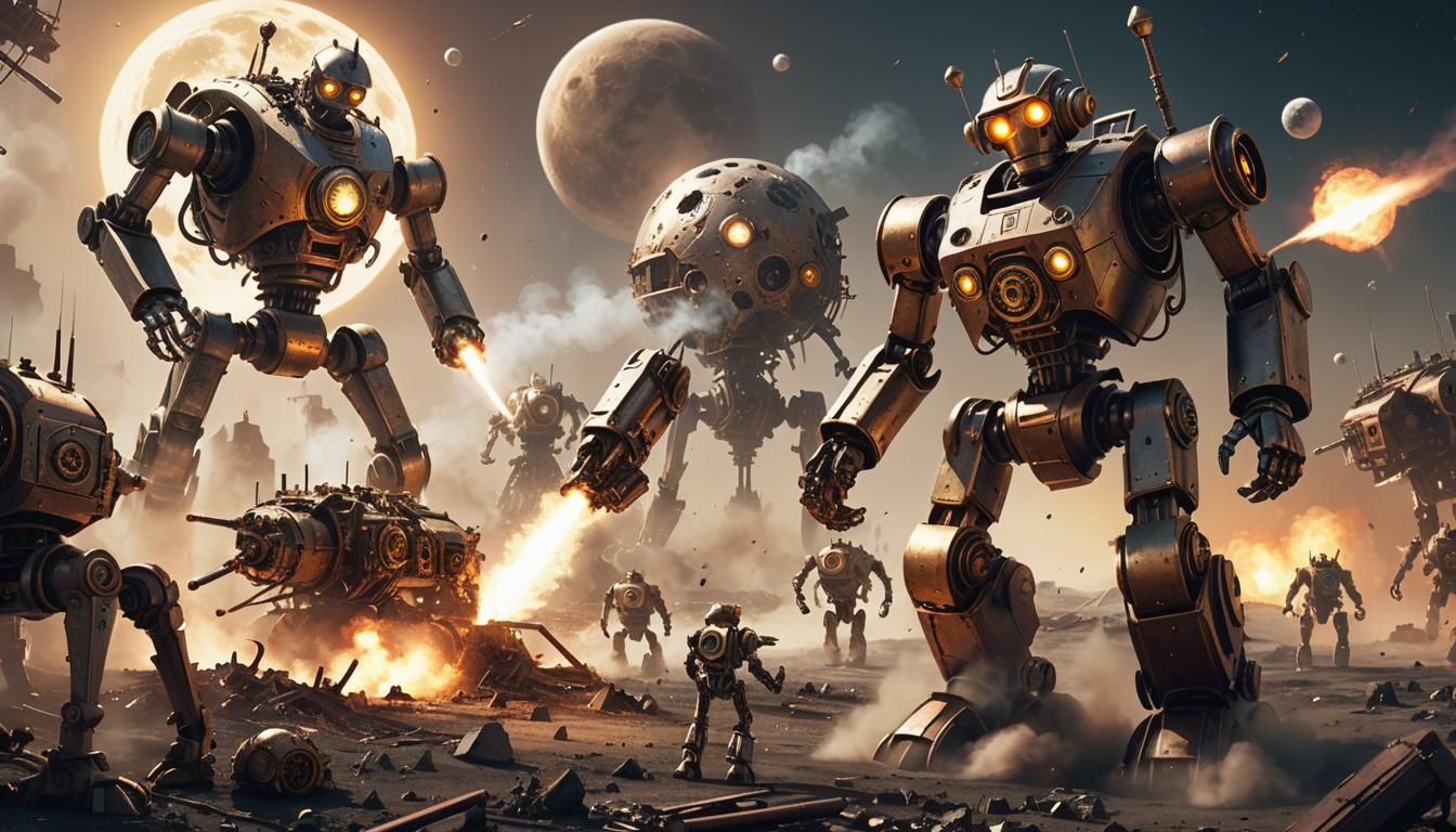 War Robot in a Fight with other Robots. The setting is in Steampunkstyle.