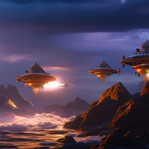 Underwater Bubble City with Unreal Fish in Golden Light