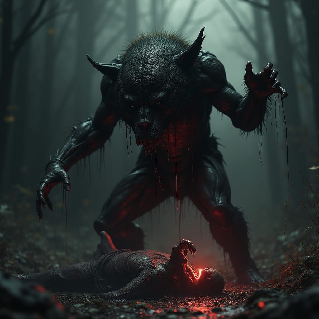 Biomechanical Horror Wolf Devours Zombie in Dark Apocalypse