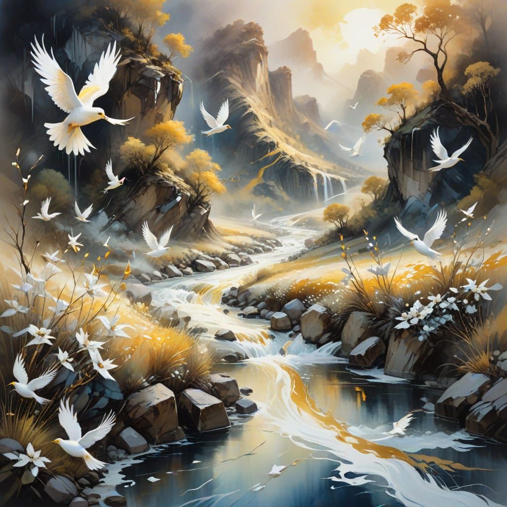 Dreamscape River Transforming Into Golden Birds