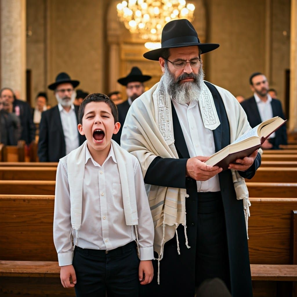Young Boy in Serene Synagogue, Distressed in Traditional Ort...