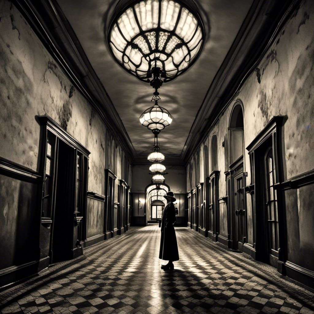 Film Noir Woman in Abandoned Hospital, Sepia Tone
