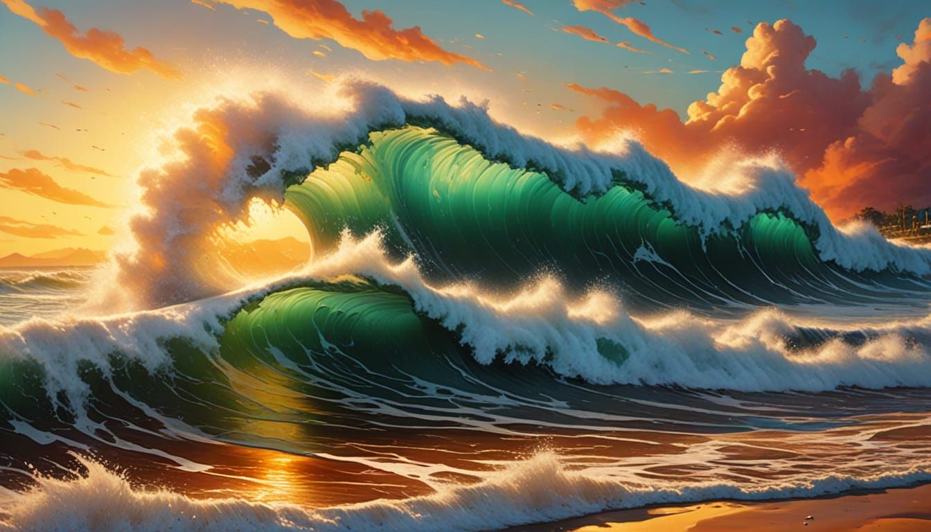 Tsunami Wave Crashes Ashore in Oil Painting Style