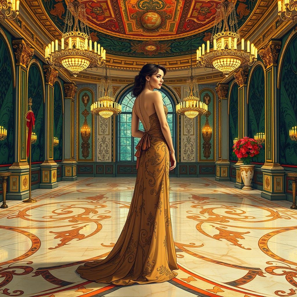 Elegant Woman in Ballroom, Art Nouveau Style