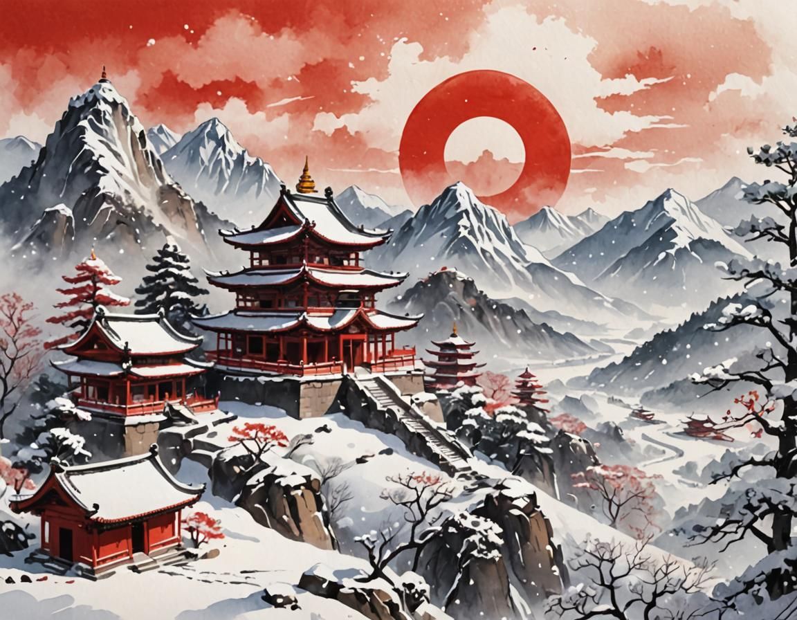 Mountain Temple in Calligraphy Ink Style