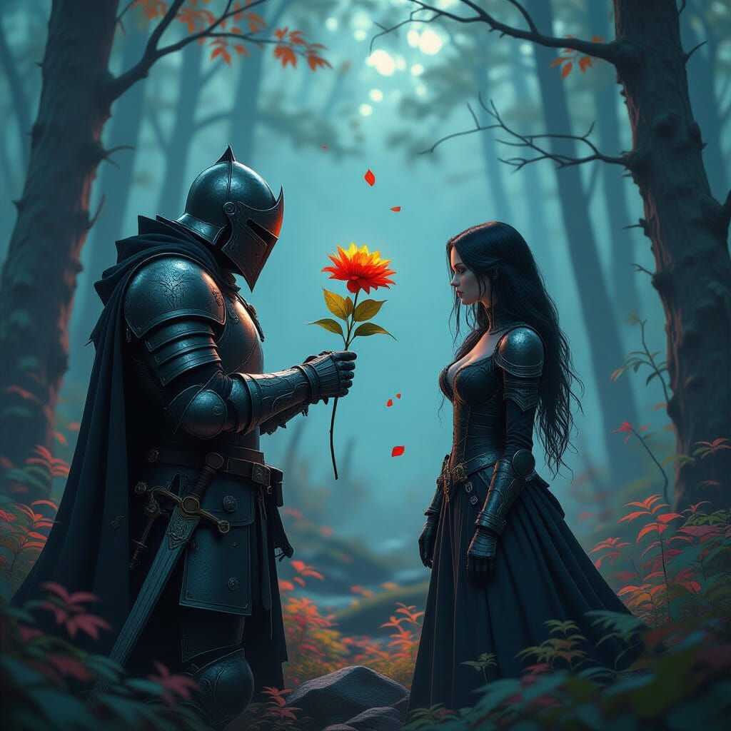 Knight Offers Flower to Cyberpunk Maiden
