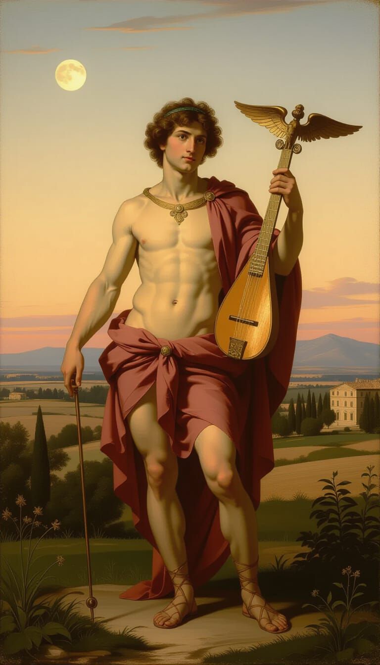 Renaissance Mercury Painting with Caduceus and Kithara