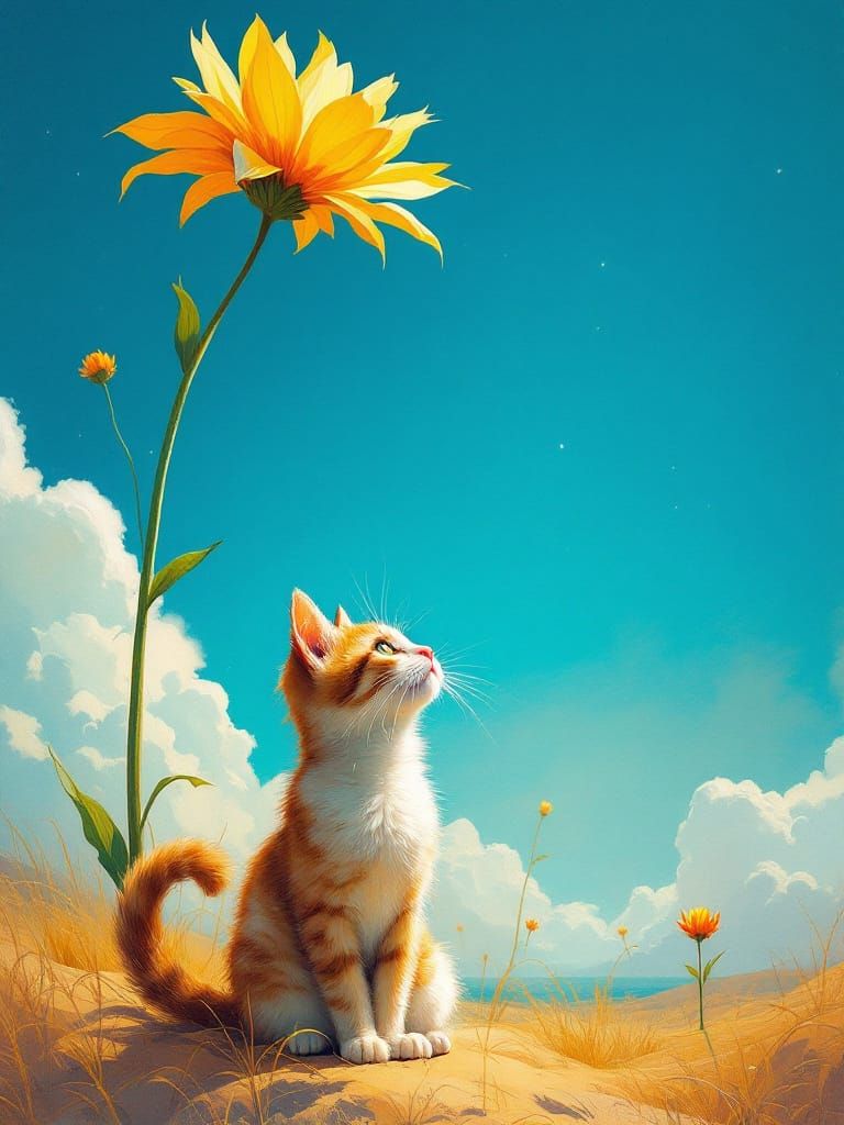 Cat Gazes at Giant Sun-Like Flower in Optimistic Style