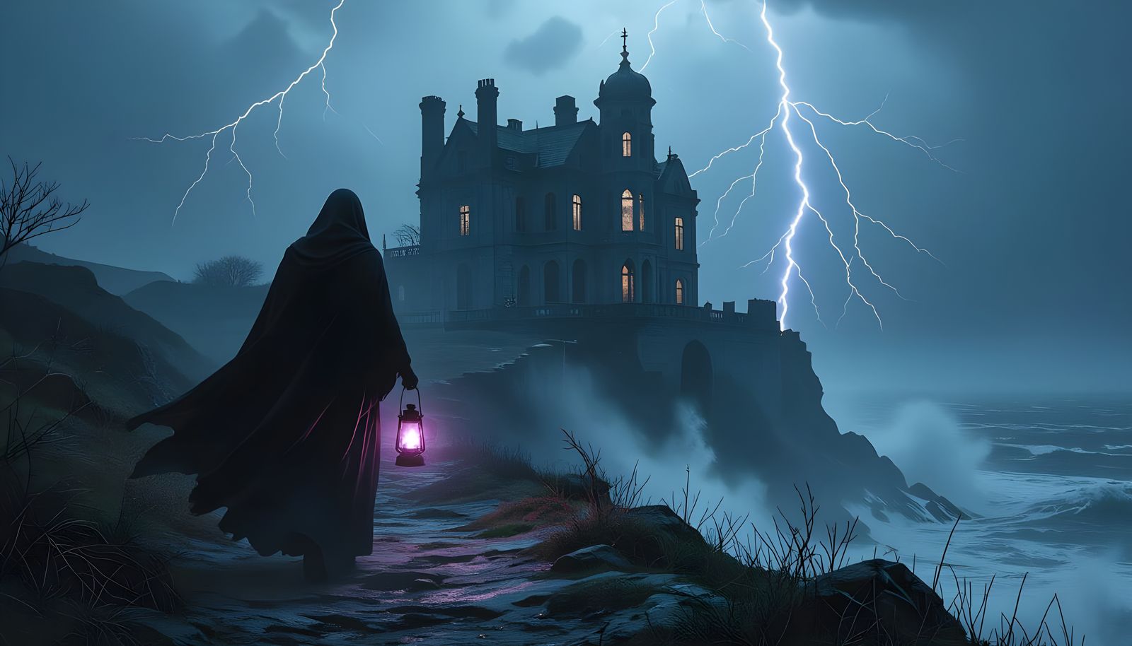 Eerie Gothic Horror: Cloaked Figure on Windswept Cliff