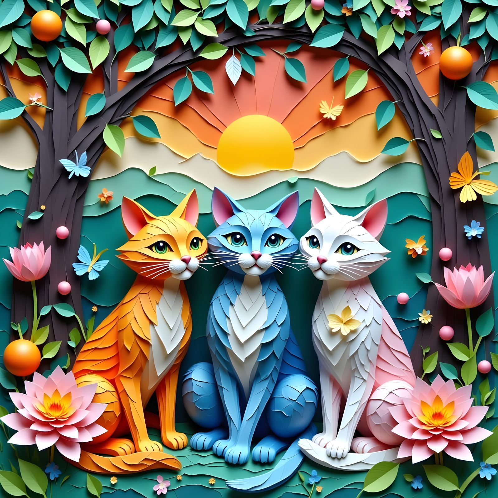 Surreal Papercraft Cats in Magical Forest at Dusk