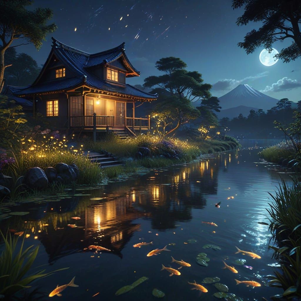 Surreal Japanese Countryside at Night, Inspired by Makoto Sh...