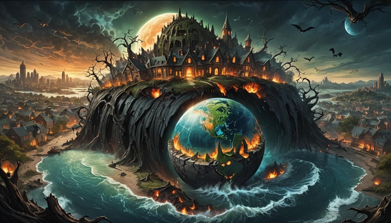 Split Earth Globe in Dark Fantasy Style