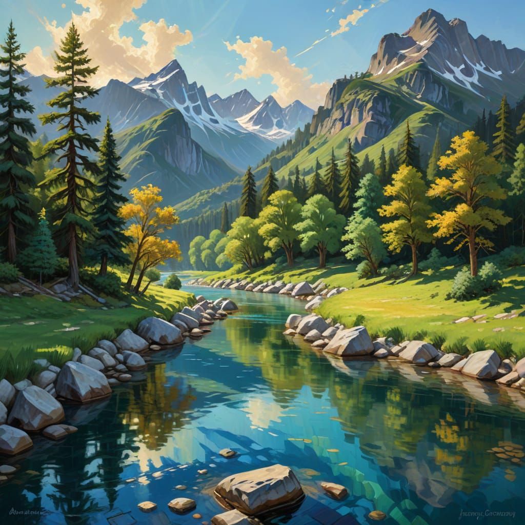 Vibrant River Valley Landscape as Impasto Oil Painting