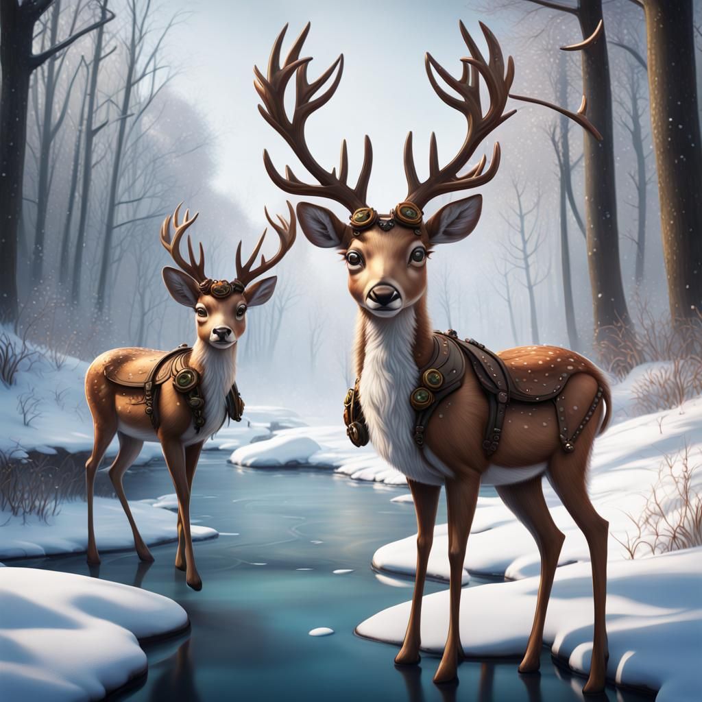 Steampunk gothic cute little deers in winter wonderland