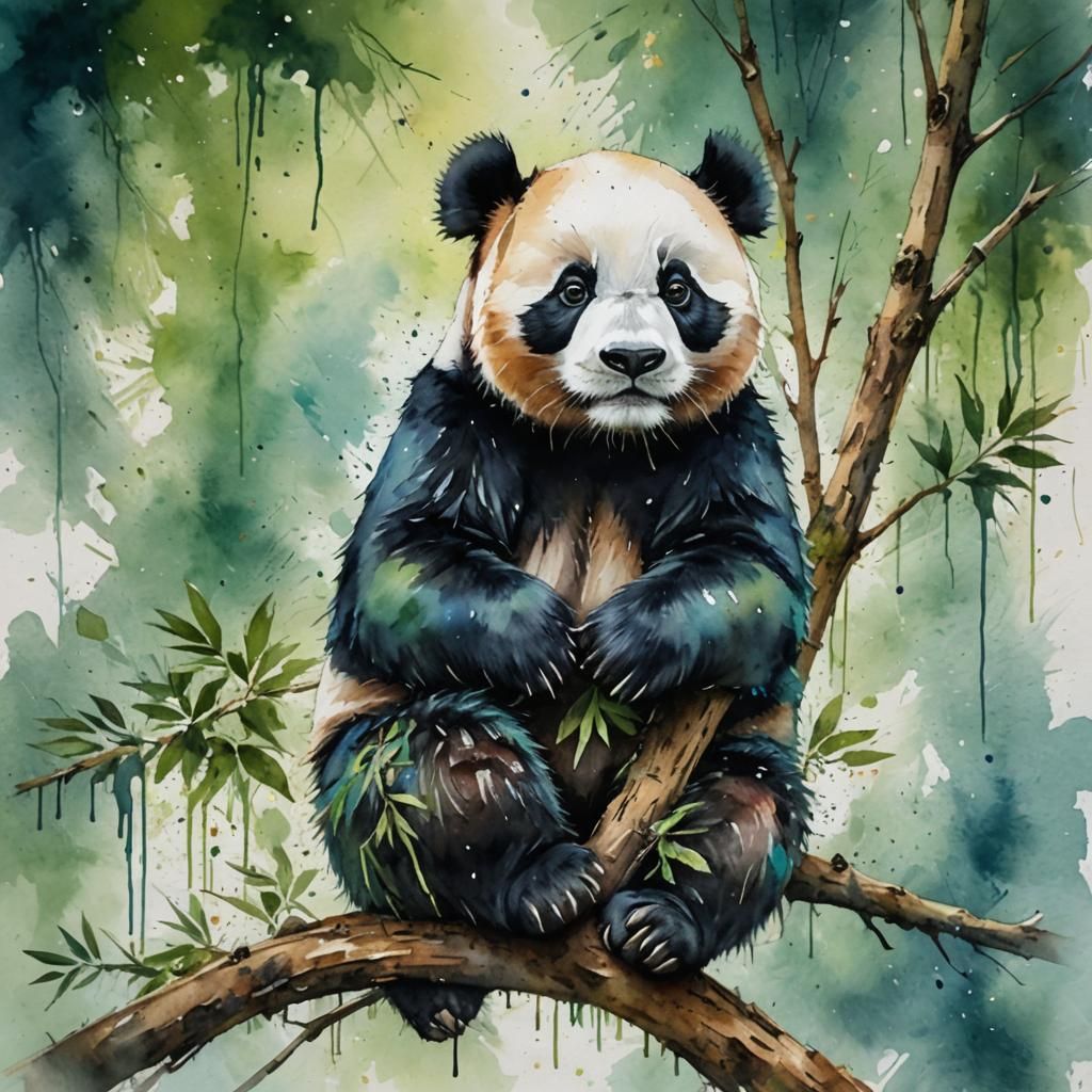 Expressive Watercolor Panda Portrait with Brushstrokes