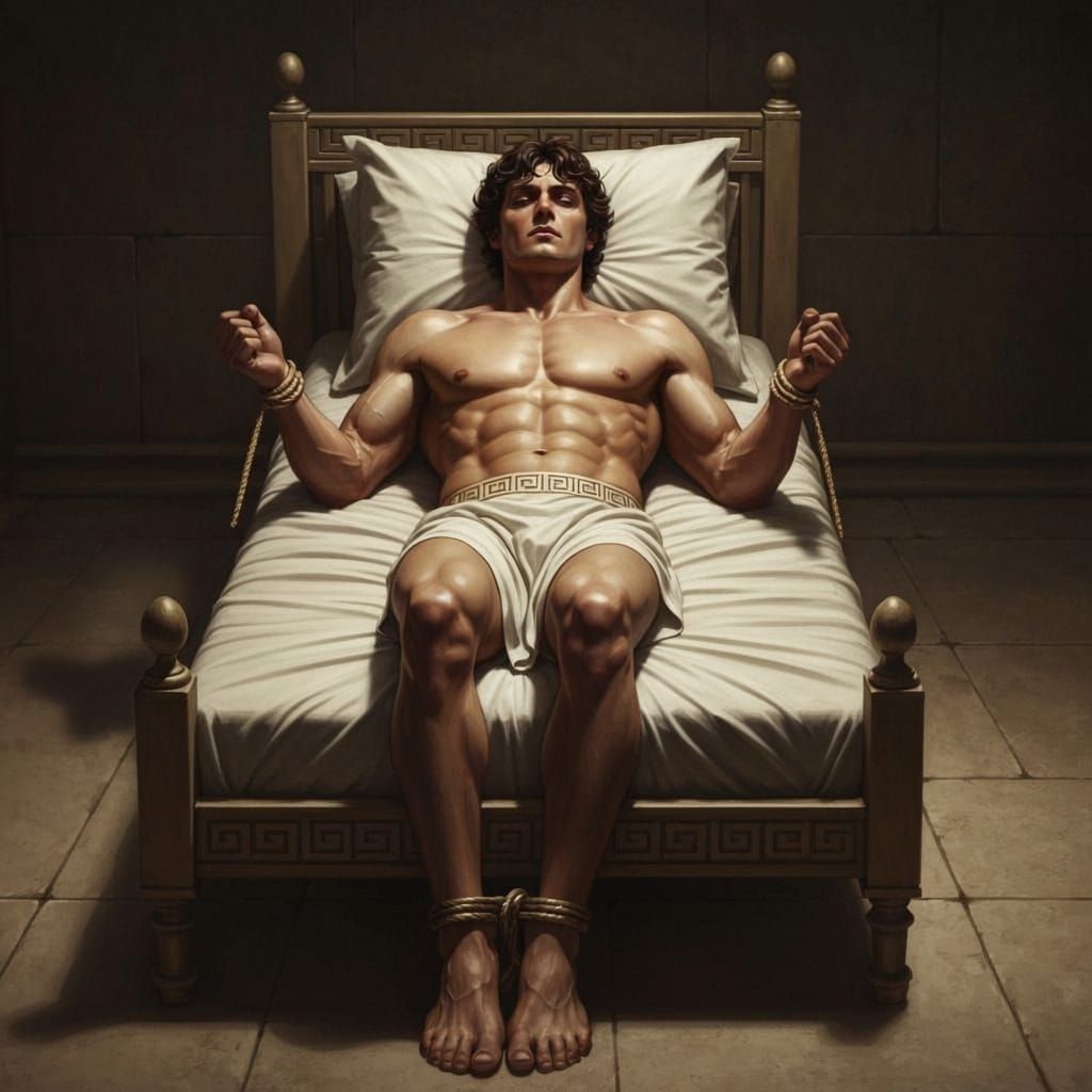 Muscular Theseus Tied to Ancient Grecian Bed