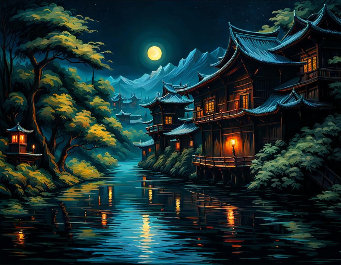 Epic Riverscape: Ninja in Water, Impasto Oil Painting