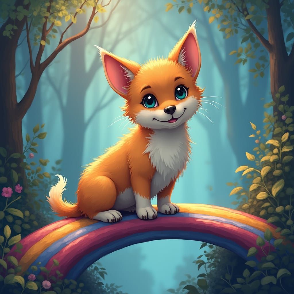 Whimsical Dog-Cat Hybrid on Rainbow Bridge