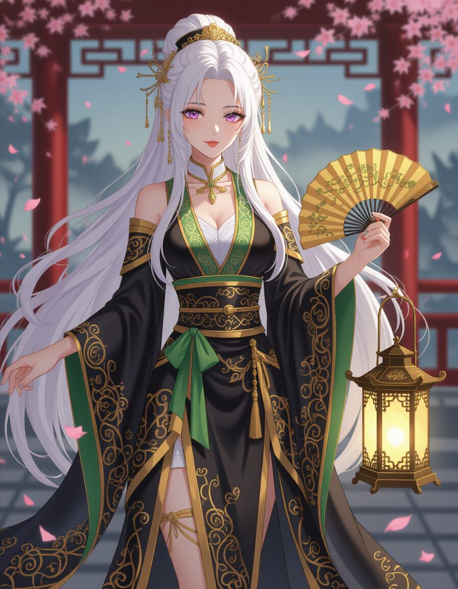Elegant Asian Woman in Traditional Black and Gold Robe