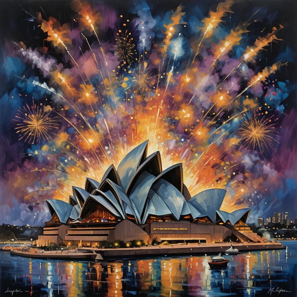 Sydney Opera House Fireworks, Expressionist Oil Painting