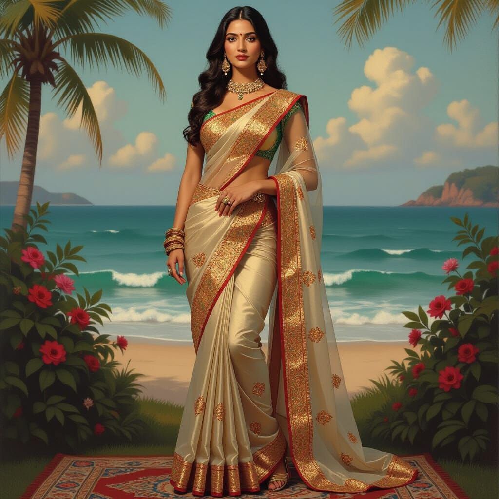 Elegant Indian Woman in Transparent Saree, Romantic Style