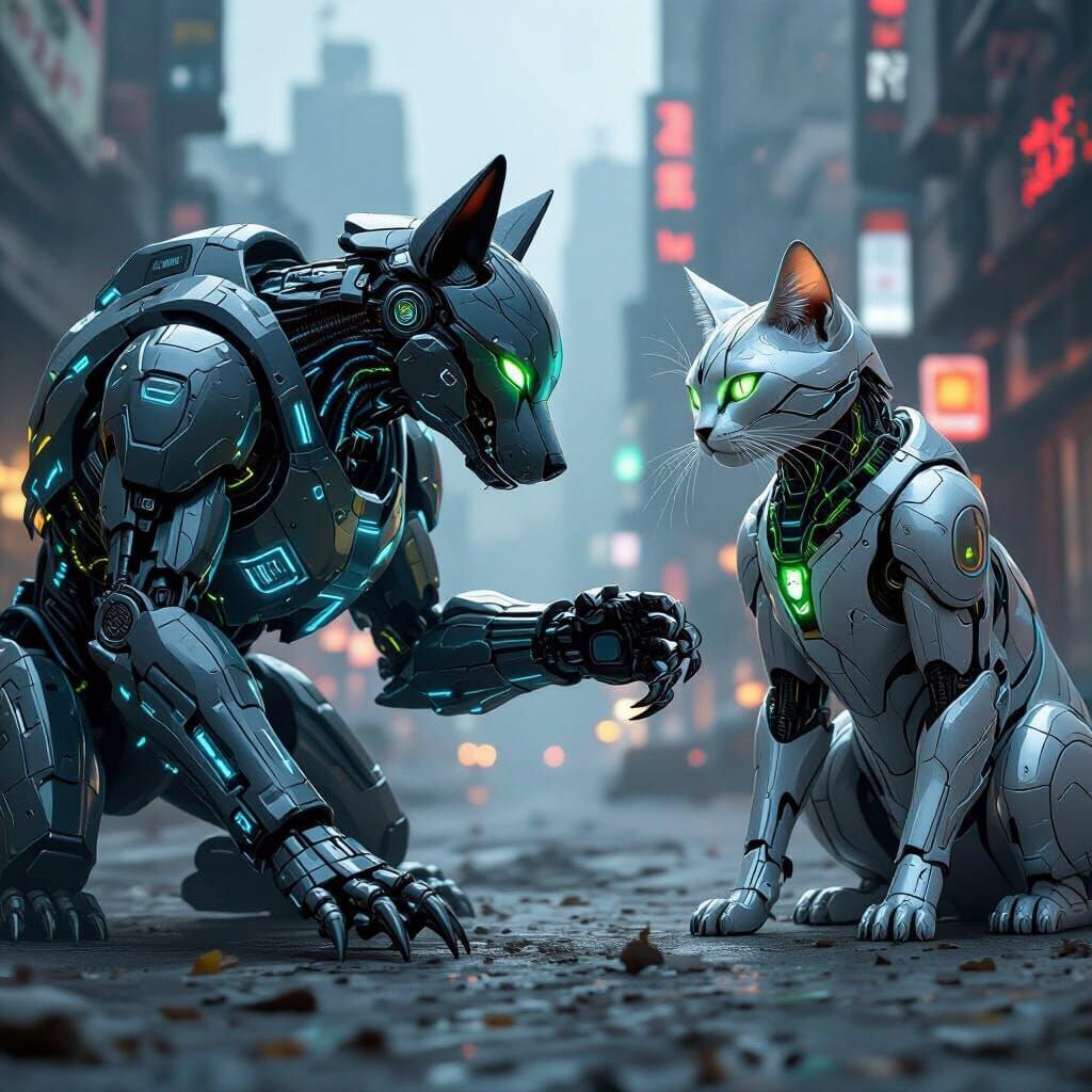 Robotic Dog and Mech Cat Battle in Cyberpunk City
