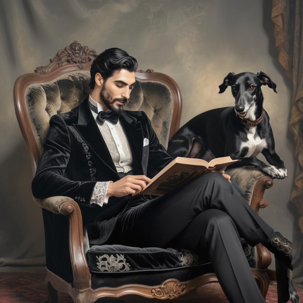 Man Reading with Greyhound in Gothic Style