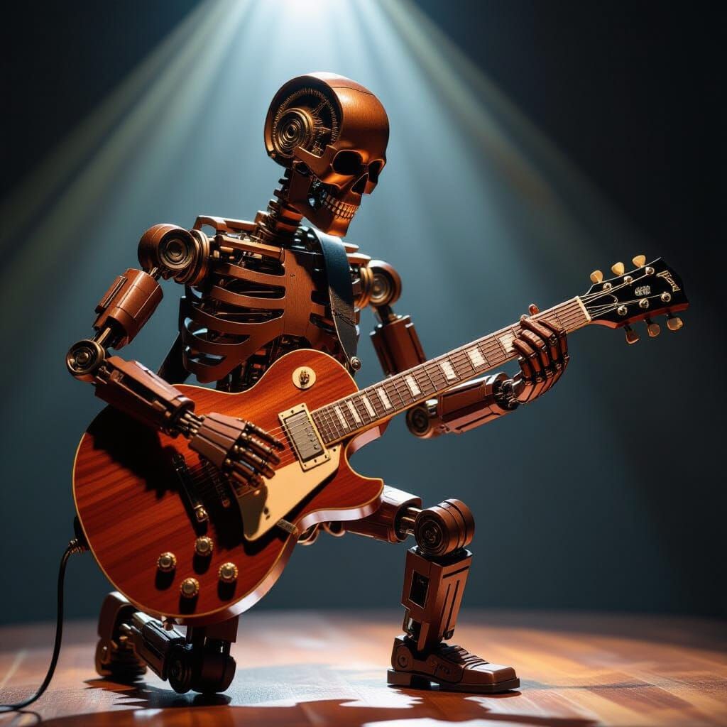 Wooden Automaton Rock Guitarist in Dramatic Spotlight