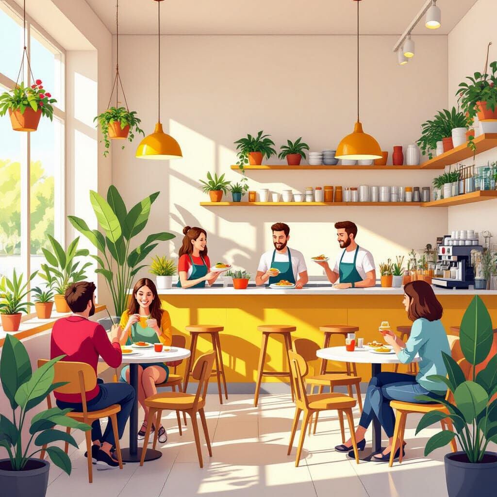 Vibrant Vegan Restaurant Interior in 2D Vector Style