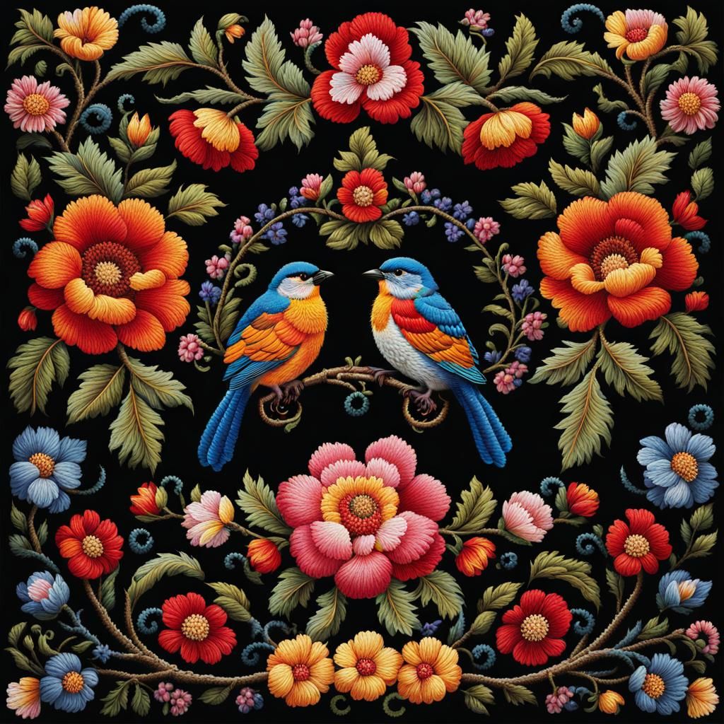 Intricate Embroidered Birds and Flowers on Black