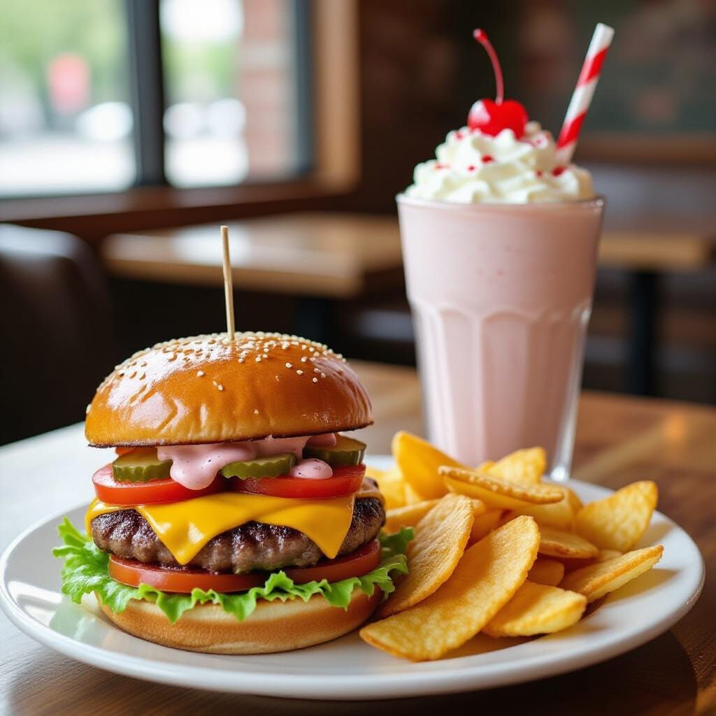 Burger, Chips and Strawberry Milkshake with Cherry