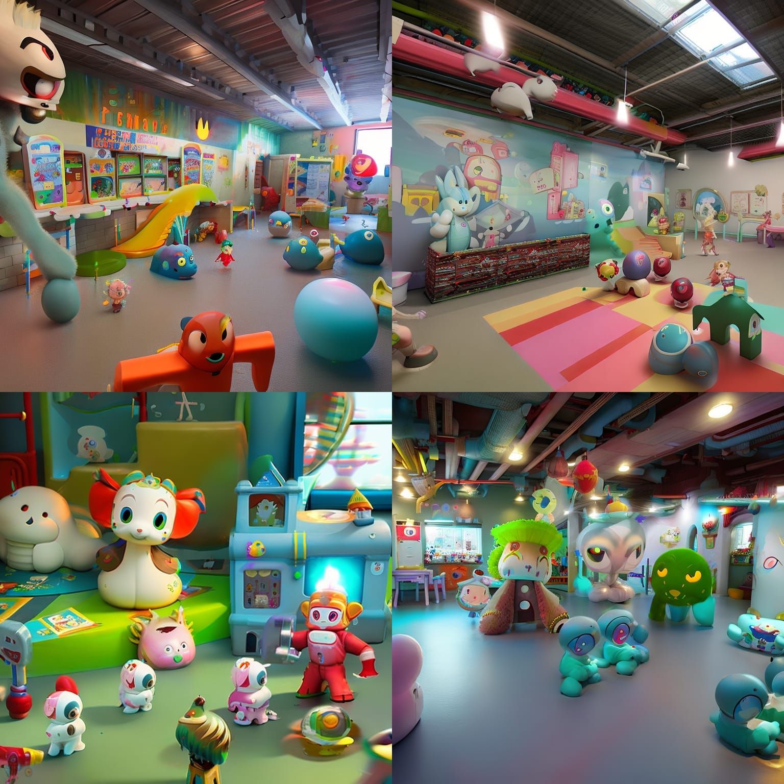 play village, liminal space, busy mascots, daycare, ethereal...