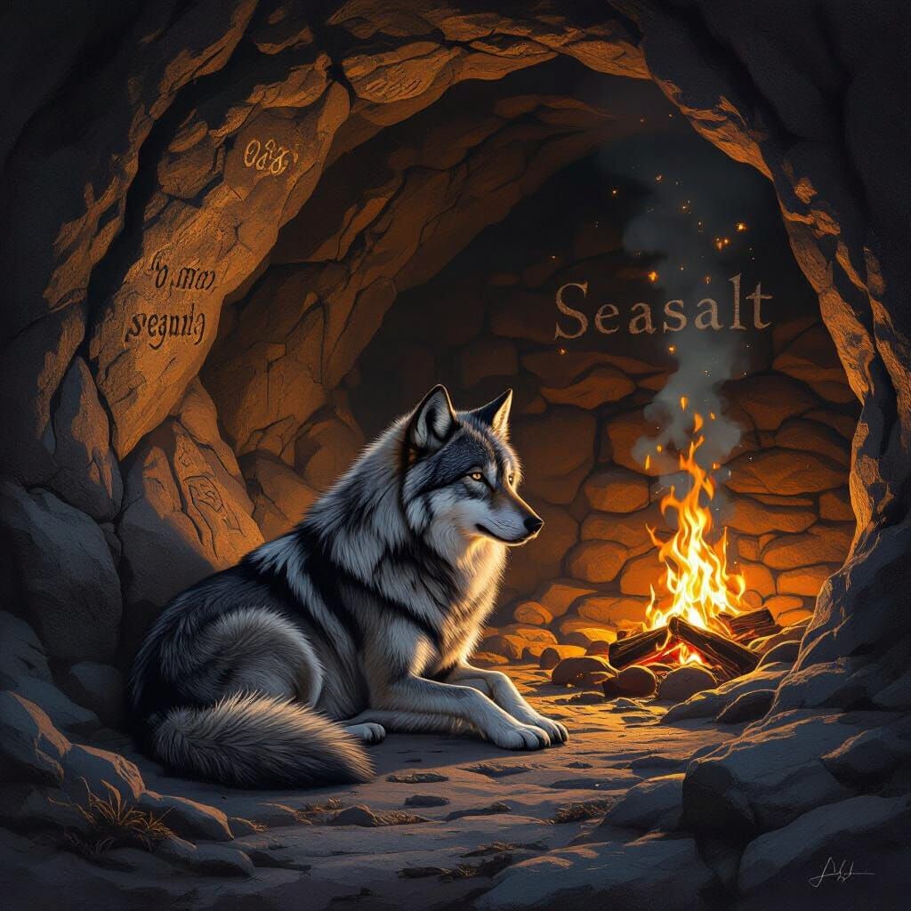 Wolf in Glowing Cave with Seasalt Carvings