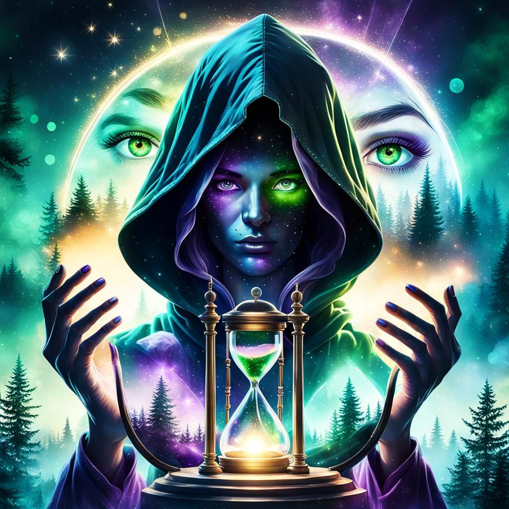 Mystic Silhouette with Hourglass in Cosmic Sky