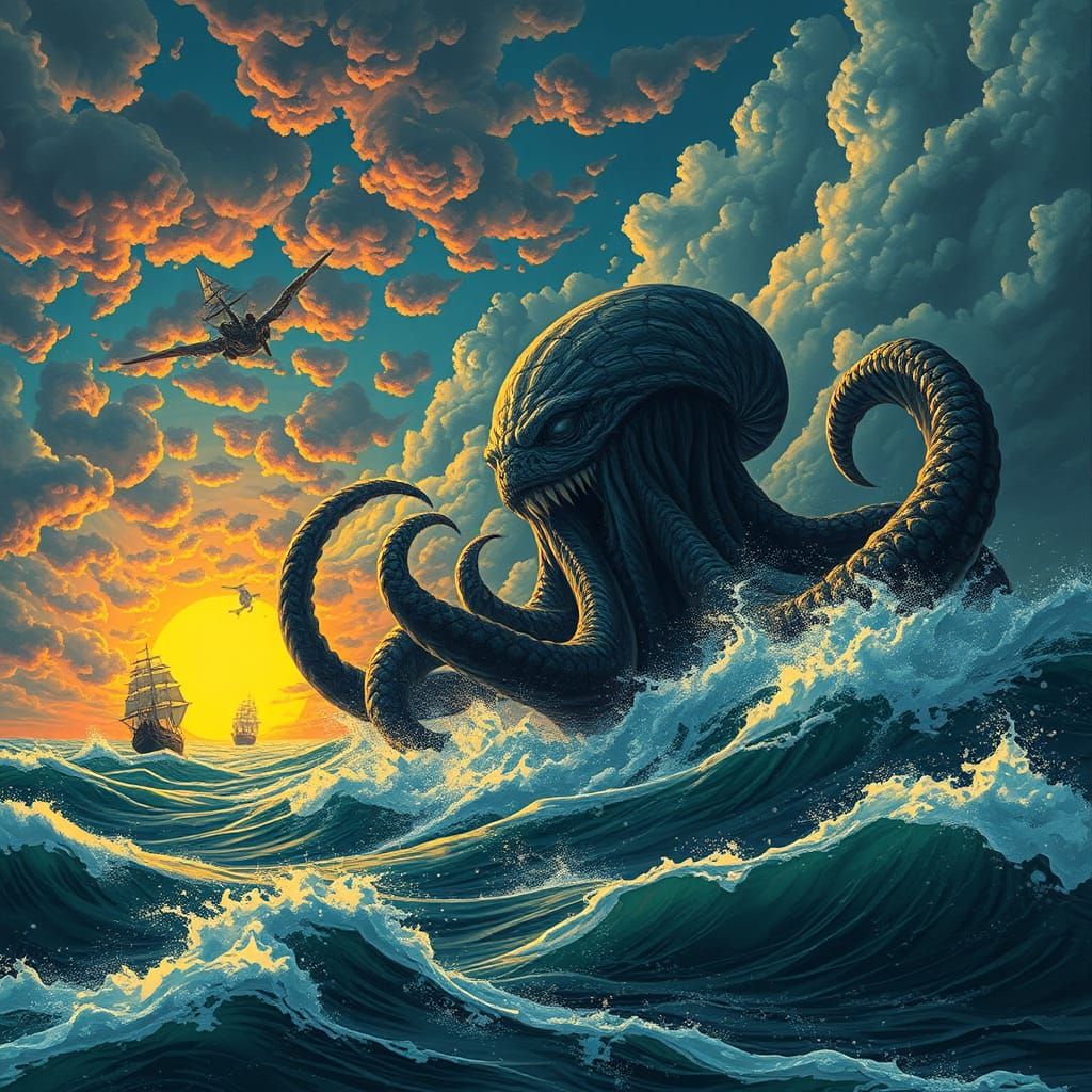 Kraken Attacks Ships at Sunset in Dark Fantasy Style
