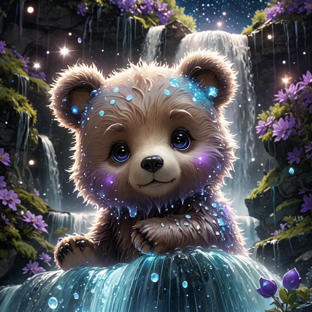 Chibi Bear Constellation on Bioluminescent Waterfall