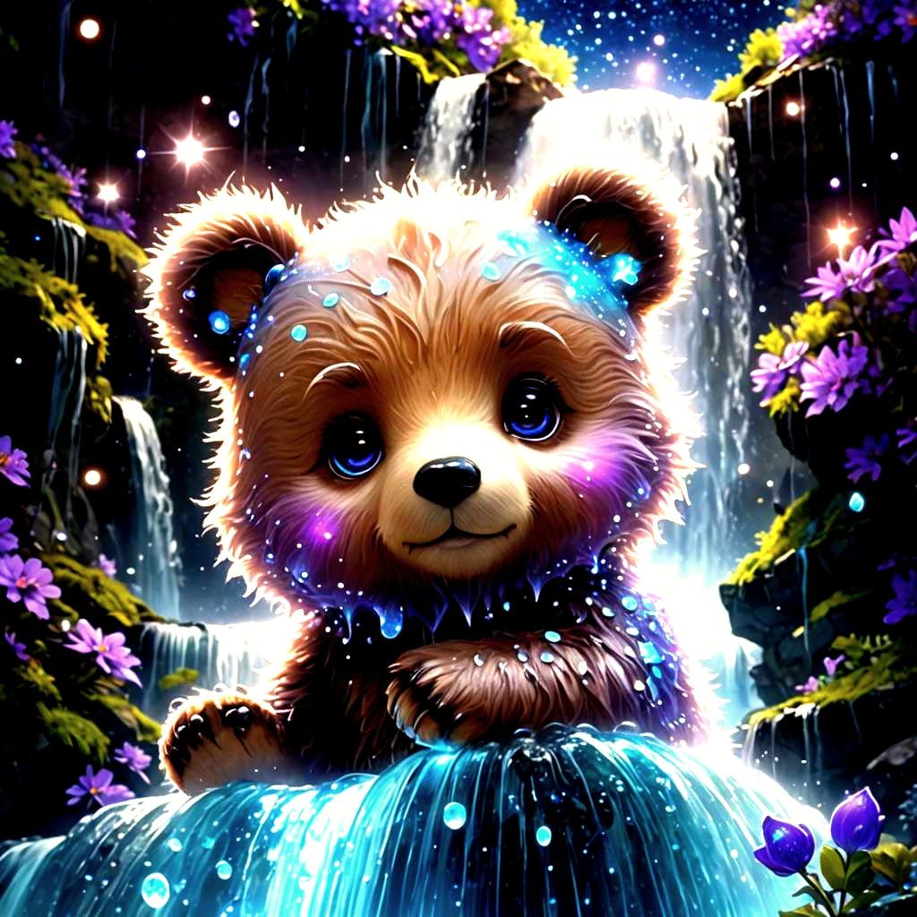 Chibi Bear Cub Constellation on Bioluminescent Waterfall