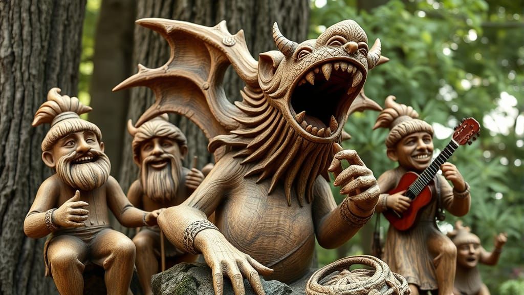 Mysterious Mythical Creature Wood Sculpture, Realistic Photo