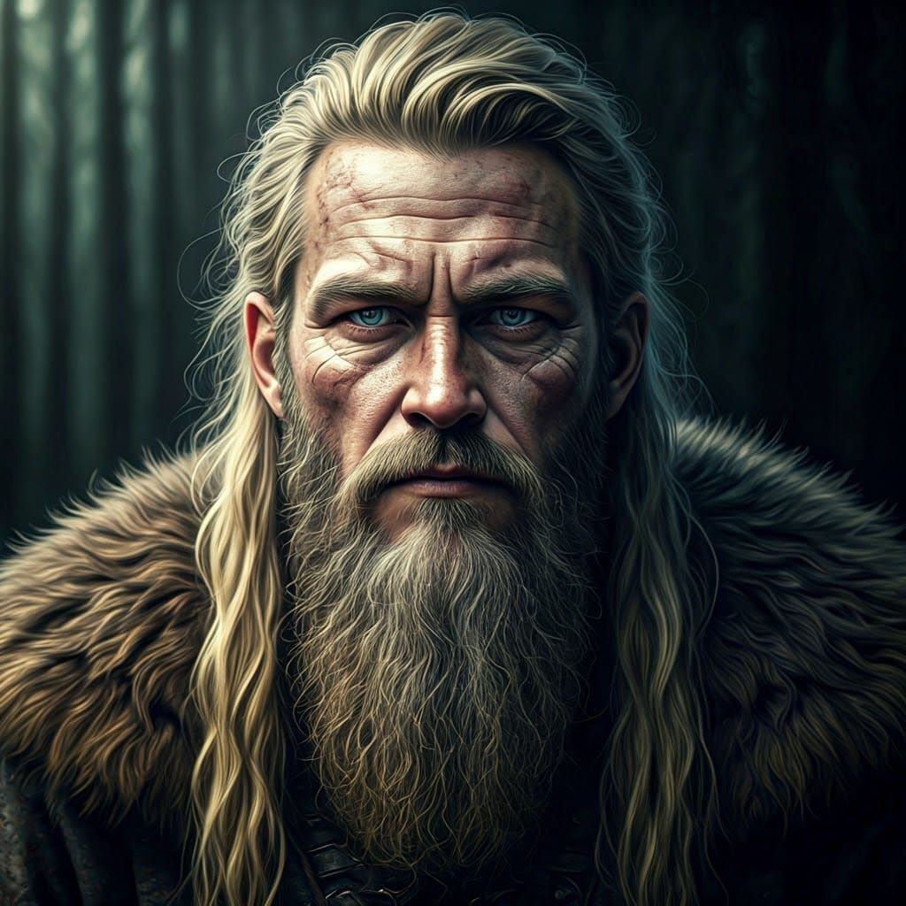 Viking Elder and Blond Woman on Forest Road