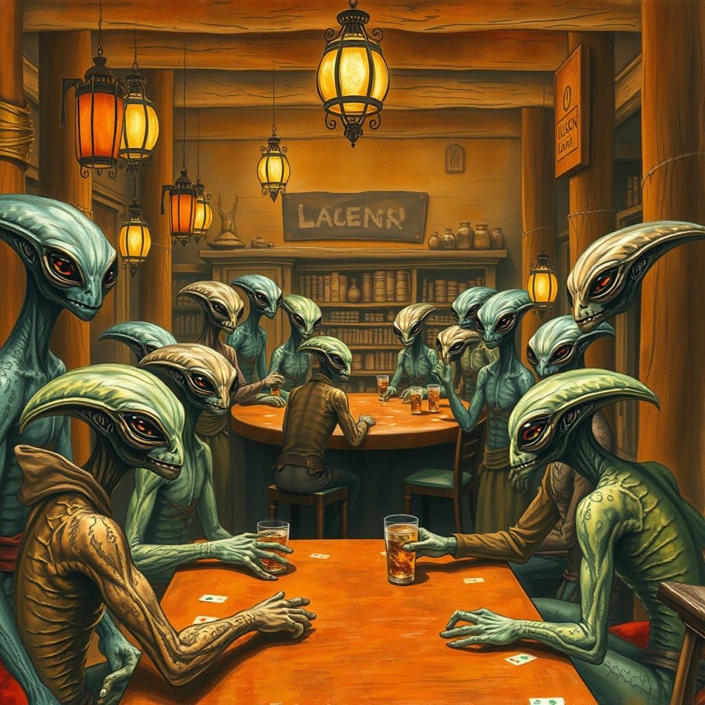 Alien Saloon in a Gouache-Inspired Wild West Scene