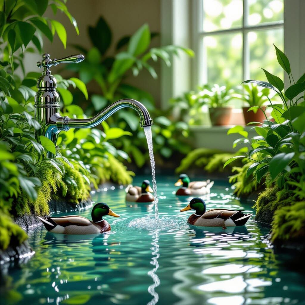 Realistic Stream Flows From Kitchen Faucet With Ducks