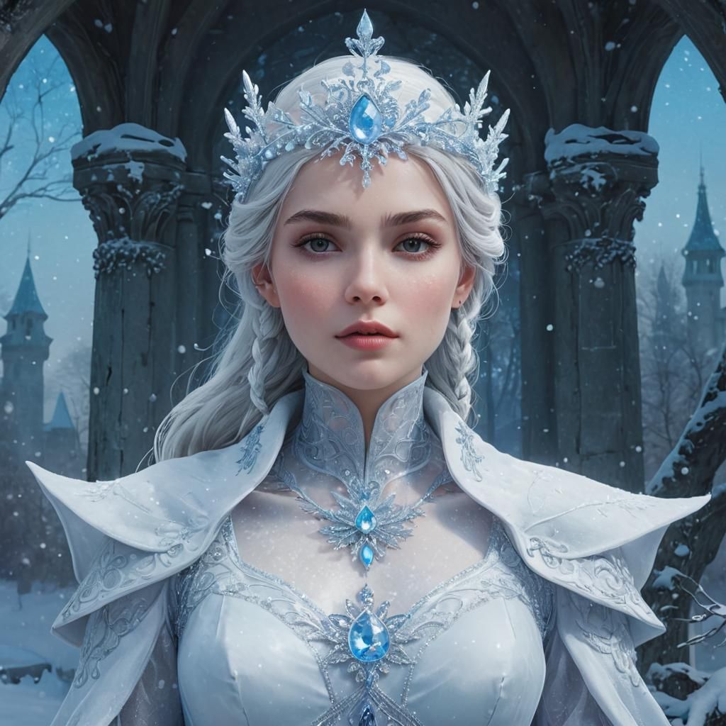 Snow Queen in Winter Forest, Arthur Rackham Style