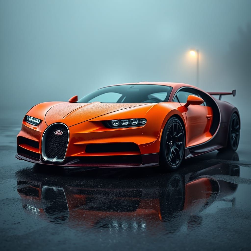 Orange Bugatti in Misty, Dramatic Setting