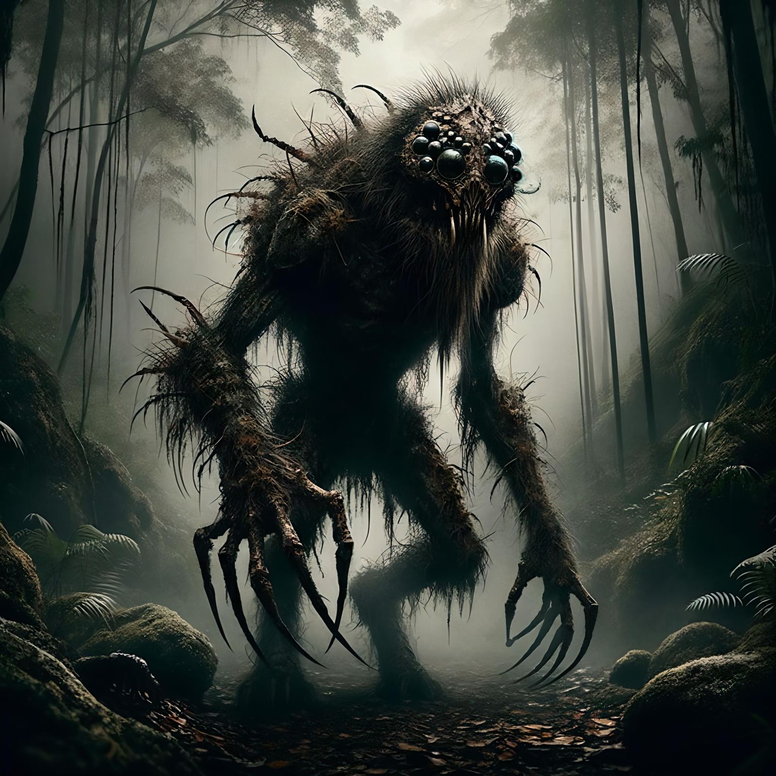 Menacing Spider-Humanoid in Dark Fantasy Forest