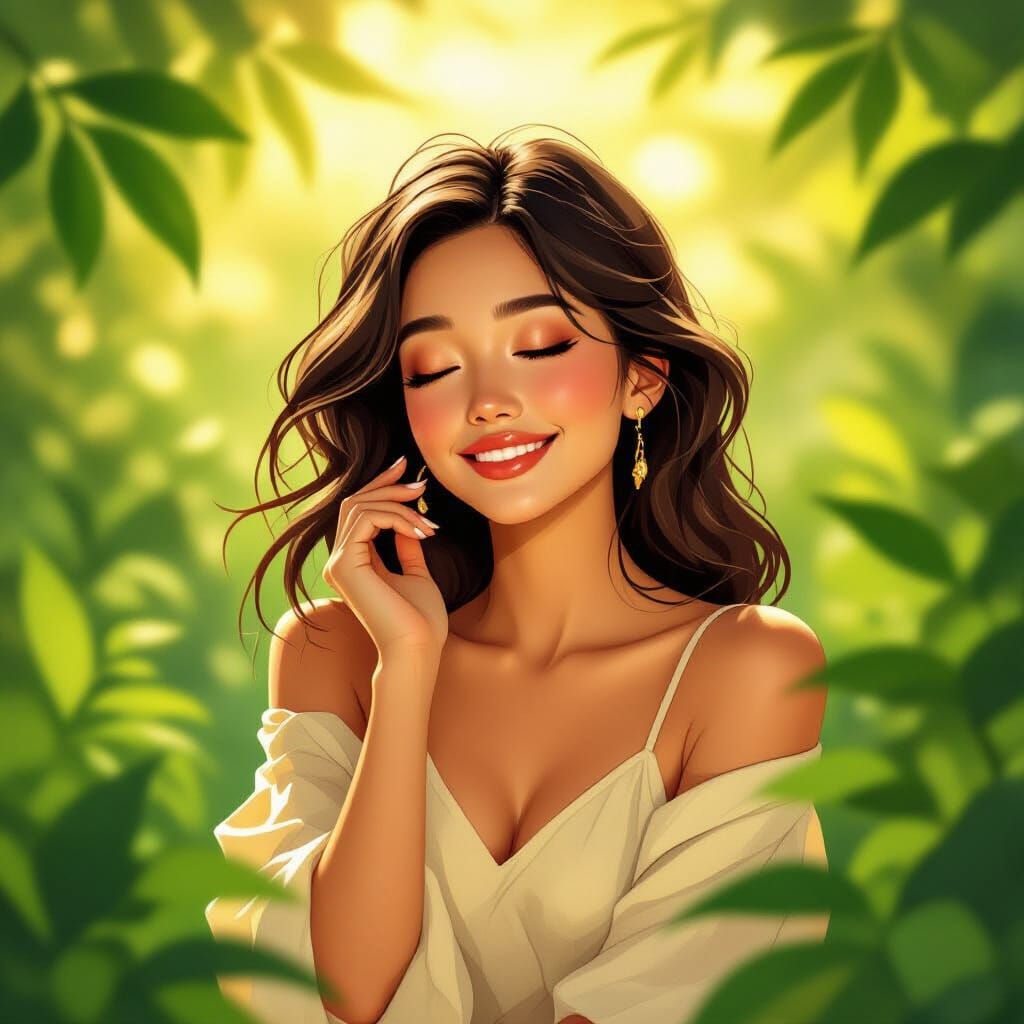 Golden Serenity: Woman in a Lush Dreamscape