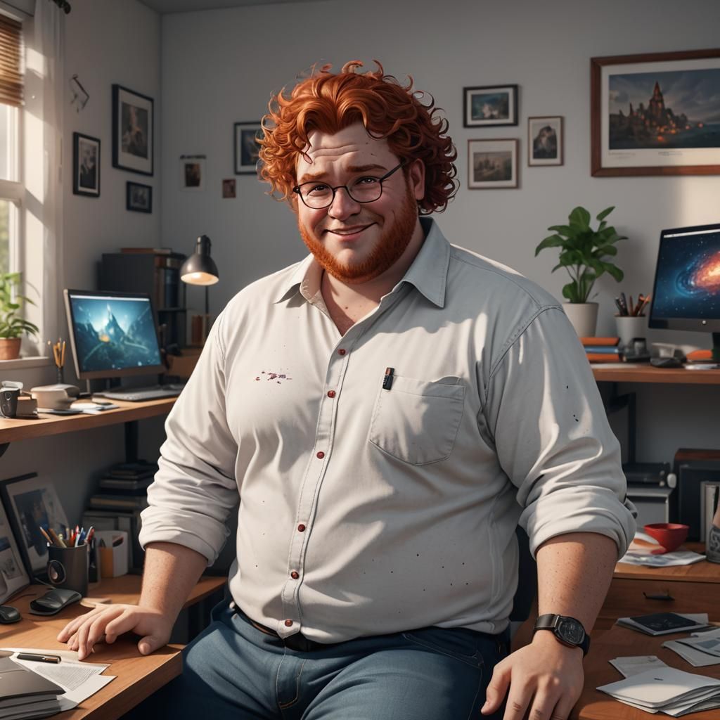 Chubby Redhead Geek Smirking in Bedroom, Digital Art